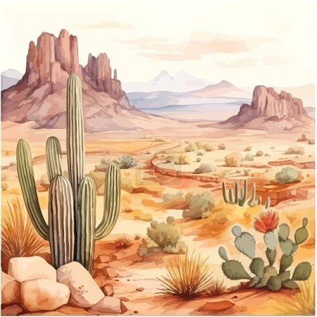 Illustration for Desert Landscape with Cacti and Mountainous Background. Vector illustration design. - Royalty Free Image