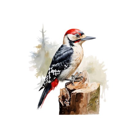 Detailed Watercolor of Woodpecker on Tree Stump. Vector illustration design.