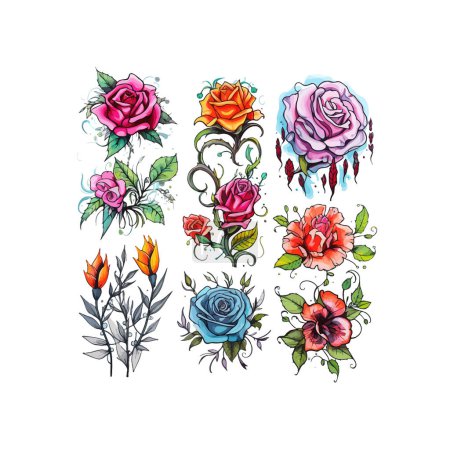 Téléchargez les illustrations : Vibrant Aquarelle Floral Tattoo Designs Collection. Illustration vectorielle. - en licence libre de droit