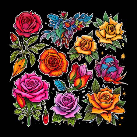 Téléchargez les illustrations : Tatouages à l'aquarelle rose audacieux et lumineux avec des accents néon. Illustration vectorielle. - en licence libre de droit