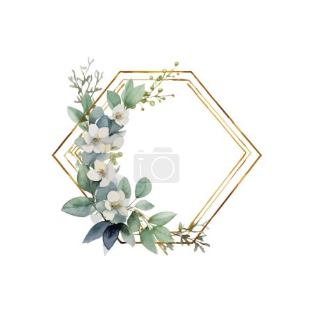 Ramo floral blanco en marco de oro hexagonal. Diseño de ilustración vectorial.