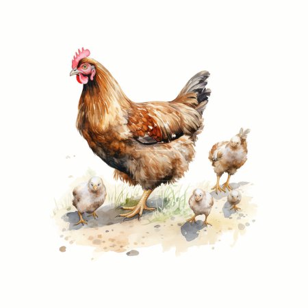Hühnermutter mit Küken-Aquarell. Vektor-Illustrationsdesign.