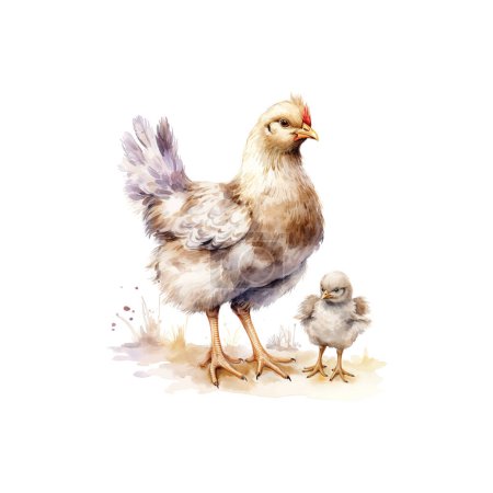 Acuarela gallina con pollitos en la naturaleza. Diseño de ilustración vectorial.