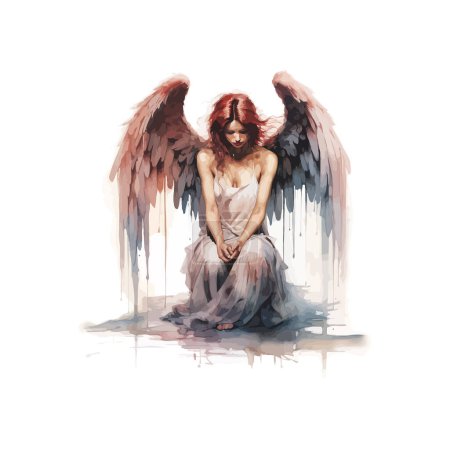 Melancholic Red-Haired Angel Watercolor Painting. Vector illustration design.