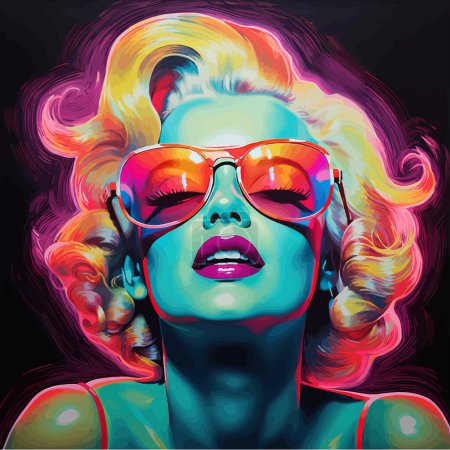 Vibrante retrato de arte pop de mujer con cabello colorido. Diseño de ilustración vectorial.