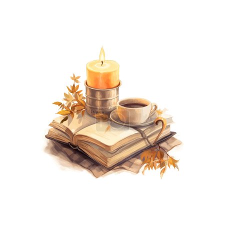 Ilustración de Acogedor ajuste de otoño con libro, vela y café. Diseño de ilustración vectorial. - Imagen libre de derechos