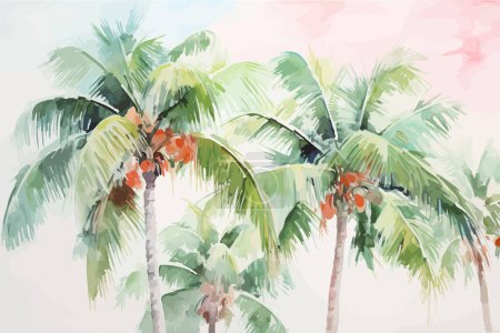 Ilustración de Acuarela Palmeras tropicales con cocos. Diseño de ilustración vectorial. - Imagen libre de derechos