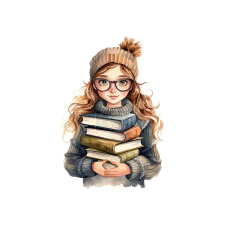 Cozy Winter Girl tenant une pile de livres. Illustration vectorielle.