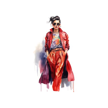 Téléchargez les illustrations : Femme à la mode en cuir rouge Veste et lunettes de soleil. Illustration vectorielle. - en licence libre de droit