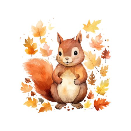 Écureuil joyeux parmi les feuilles d'automne tombantes. Illustration vectorielle.