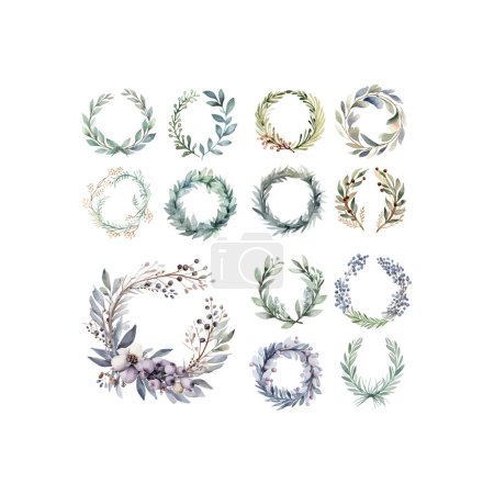 Collection of Watercolor Floral Wreaths in Soft Tones. Vector illustration design.