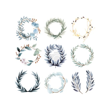 Assorted Collection of Delicate Watercolor Wreaths. Vector illustration design.