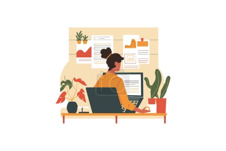 Focused Woman Analyzing Data at Her Desk. Vector illustration design.