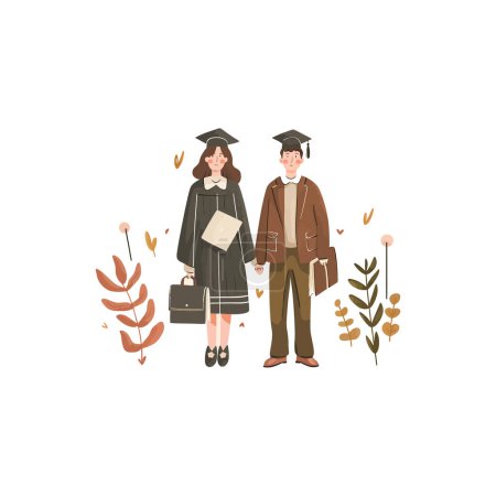 Graduierungstag: Junges Paar in Mütze und Kleid Vektor-Illustrationsdesign.