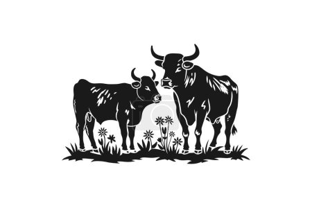 Silueta de dos vacas en un prado. Diseño de ilustración vectorial.