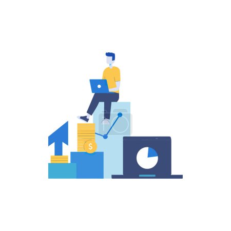 Man Using Laptop on Steps with Financial Growth Charts. Vector illustration design.