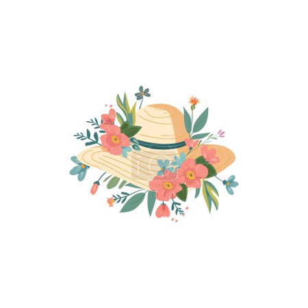 Strohhut geschmückt mit lebendigen Frühlingsblumen. Vektor-Illustrationsdesign.