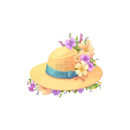 Eleganter Strohhut mit pastellfarbenen Frühlingsblumen verziert. Vektor-Illustrationsdesign.