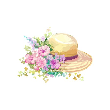 Straw Hat with Flourishing Floral Accents for Spring. Vector illustration design.