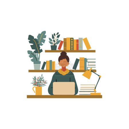 Woman Working on Laptop at Home Office Desk. Vector illustration design.