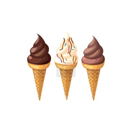 Trio de cônes de chocolat et de crème glacée à la vanille. Illustration vectorielle.
