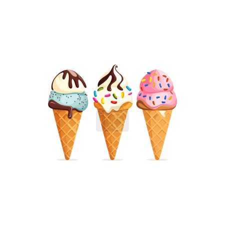 Conos de helado coloridos con cubiertas y aspersiones. Diseño de ilustración vectorial.