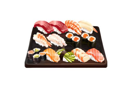 Téléchargez les illustrations : Assortiment de Sushi Platter sur Black Tray. Illustration vectorielle. - en licence libre de droit
