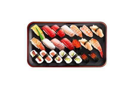 Téléchargez les illustrations : Deluxe Sushi Selection sur une élégante assiette noire. Illustration vectorielle. - en licence libre de droit