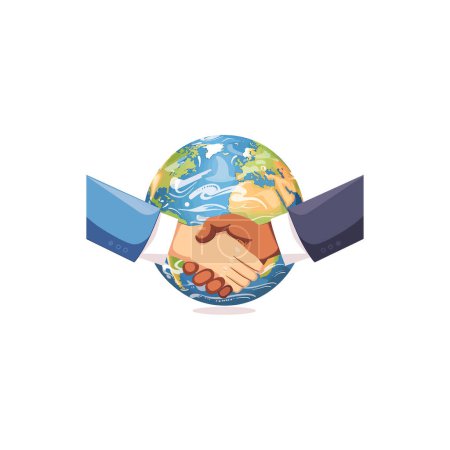Global Cooperation Concept with Handshake and Earth (en inglés). Diseño de ilustración vectorial.