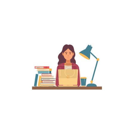 Young Woman Studying at Her Desk with Laptop. Vector illustration design.