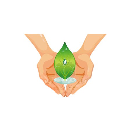 Hands Cradling a Leaf with Water Droplet. Vector illustration design.