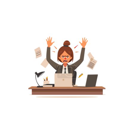 Gestresste Geschäftsfrau am Schreibtisch mit fliegenden Papieren. Vektor-Illustrationsdesign.