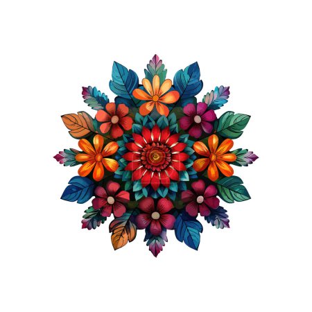 Mandala floral vibrante con hojas coloridas y flores. Diseño de ilustración vectorial.