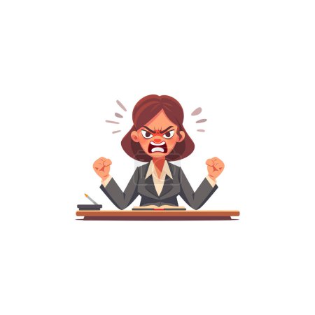 Angry Businesswoman Clenching Fists at Desk. Vector illustration design.