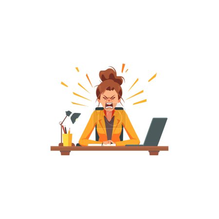 Angry Businesswoman at Her Desk Clenching Teeth. Vector illustration design.