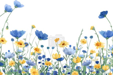 Lush Meadow with Blue and Yellow Wildflowers. Vector illustration design.