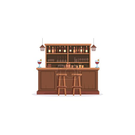 Elegant Wooden Bar Setup with Hanging Lamps. Vector illustration design.