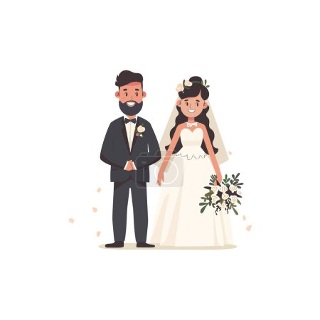 Cartoon Bride and Groom in Wedding Attire. Vector illustration design.