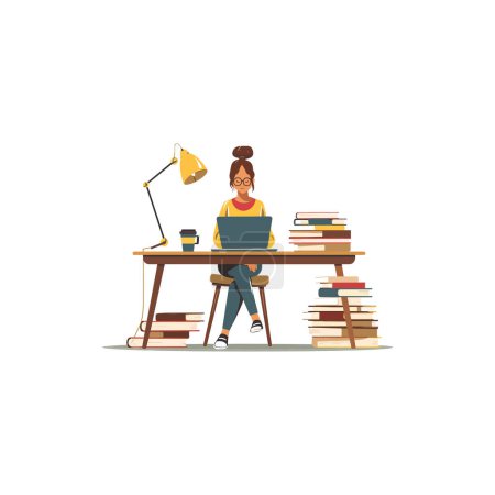 Young Woman Studying at Desk with Laptop and Books. Vector illustration design.