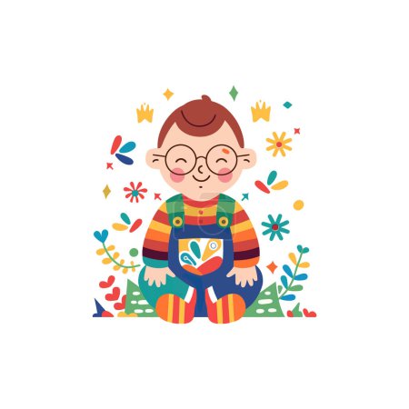 Fröhliches Kind mit Brille beim Lesen eines Buches. Vektor-Illustrationsdesign.
