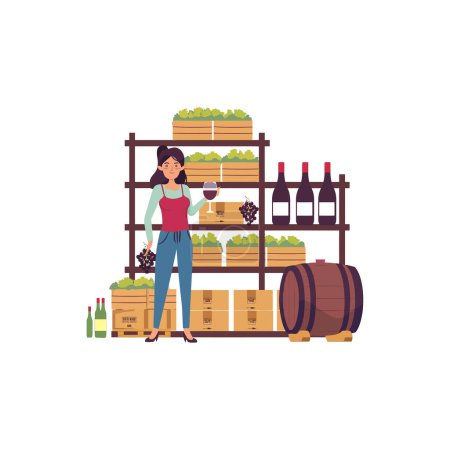 Winery Worker Holding Glass of Red Wine. Vector illustration design.