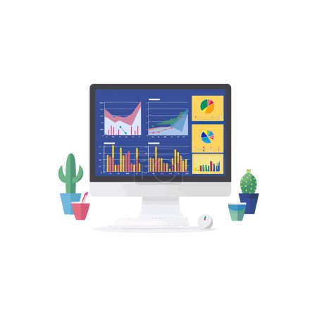 Workstation with Computer Analyzing Data. Vector illustration design.