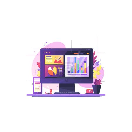 Vibrant Computer Workspace with Data Charts. Vector illustration design.