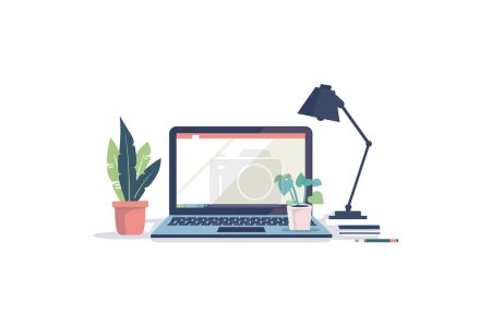 Poste de travail avec ordinateur portable et plantes. Illustration vectorielle.
