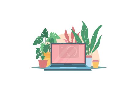 Ordenador portátil rodeado de plantas en maceta. Diseño de ilustración vectorial.