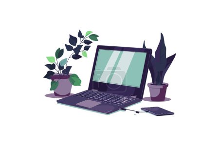 Laptop mit Topfpflanzen und Smartphone. Vektor-Illustrationsdesign.