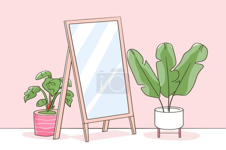 Spiegel mit Topfpflanzen im stilvollen Raum. Vektor-Illustrationsdesign.