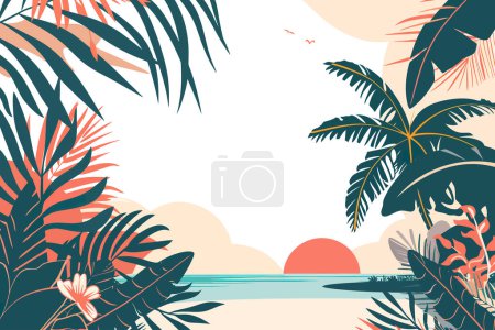 Tropical Sunset Beach Scene with Palm Trees. Vector illustration design.