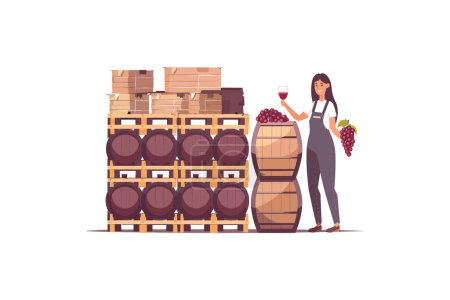 Femme avec tonneaux de vin et raisins. Illustration vectorielle.