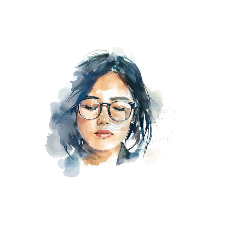 Watercolor Portrait of Woman with Glasses. Vector illustration design.
